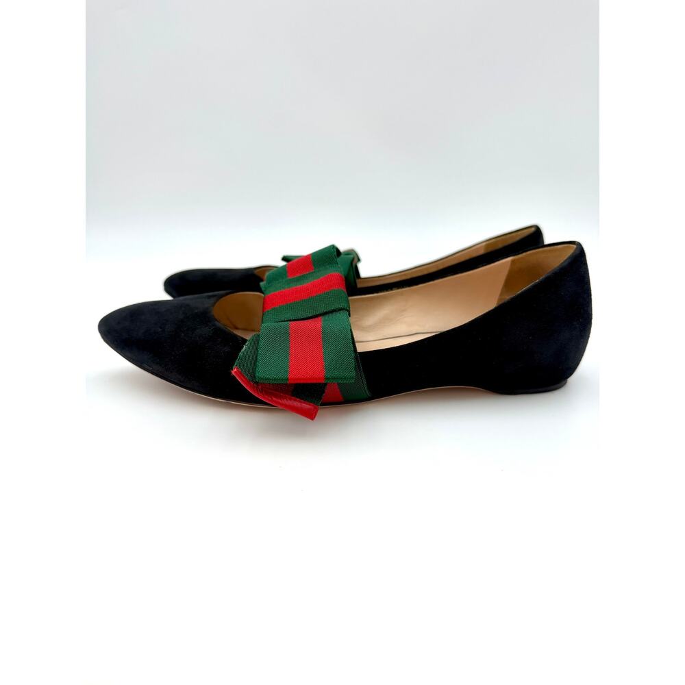 Gucci Web Stripe Sylvie Bow Ballet Flats Black Suede Size 37.5 / 7.5 Red Green - Picture 4 of 14